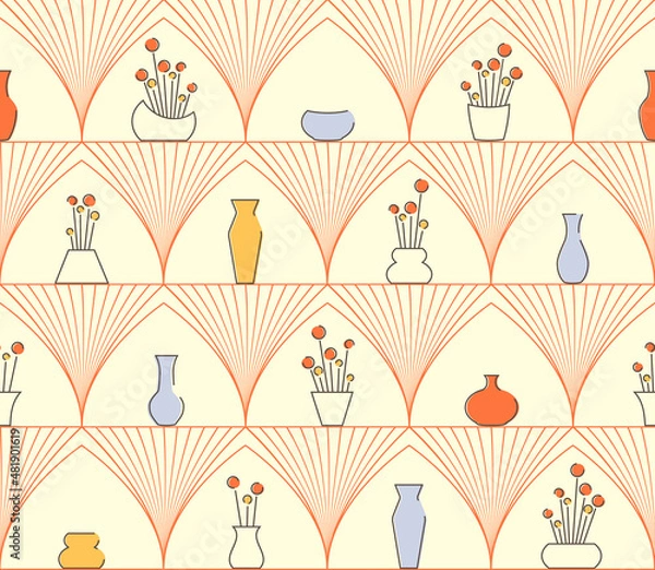 Fototapeta Seamless oriental islamic pattern with arches, vases and flowers.
