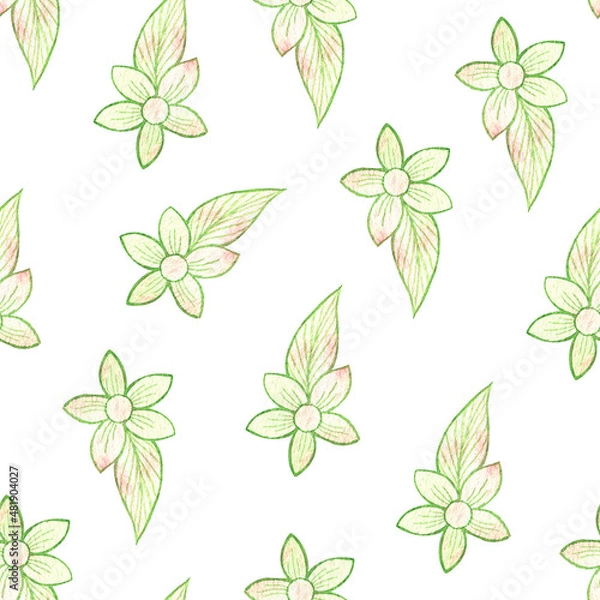 Fototapeta Seamless watercolor pattern of floral elements. Fine lines, delicate shades