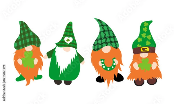 Fototapeta Vector illustration of St. Patrick’s Day Gnomes, Irish Gnomes Vector Holding Clovers, Shamrock