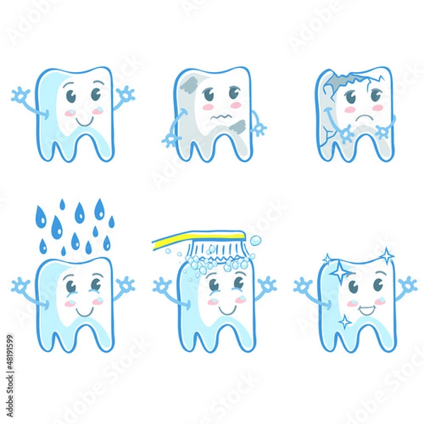 Fototapeta Set of six illustrations with teeth in funny cartoon style