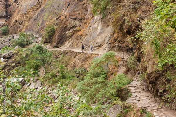 Obraz Trail along the steep wall of the gorge in the Himalayas in the Manaslu region