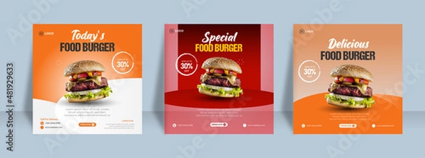 Fototapeta Burger social media feed post template social media instagram for food promotion simple banner frame