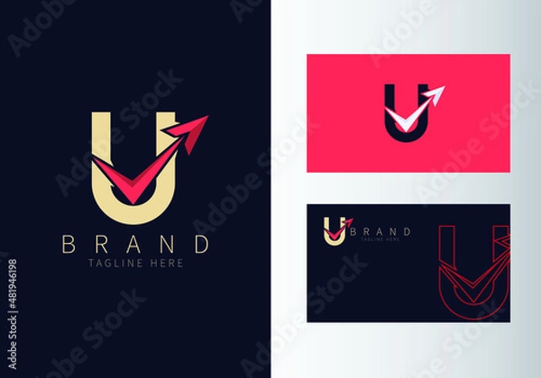 Fototapeta Initial U letter modern logo with arrow plane for logistic, travel, tour, and startup template brand