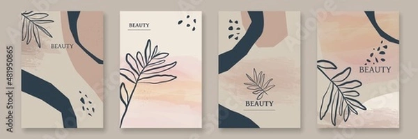 Fototapeta Mid Century Modern Abstract Wall Art Set of 4 Prints with Geometric Shapes, Leaves, Textures. Abstract Boho Wall Art Print. Contemporary Modern Art Creative Design. Vector EPS 10