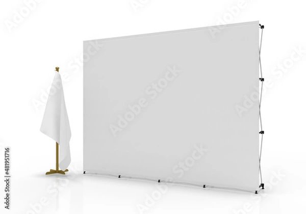 Fototapeta Exhibition Wall Banner Diplays Wall isolated on a white background with hanging flag on the side. 3d render for illustration and mockup assets.