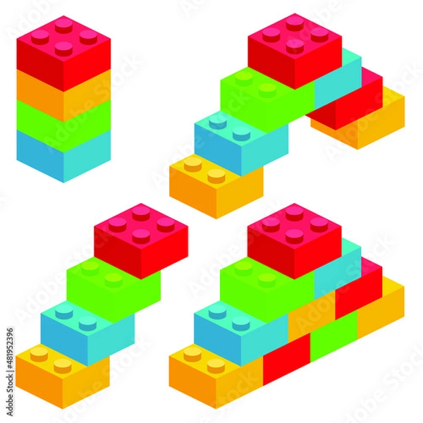 Fototapeta Building plastic toy bricks or child blocks construction flat cartoon illustration element isolated clipart building blocks, color vector icon