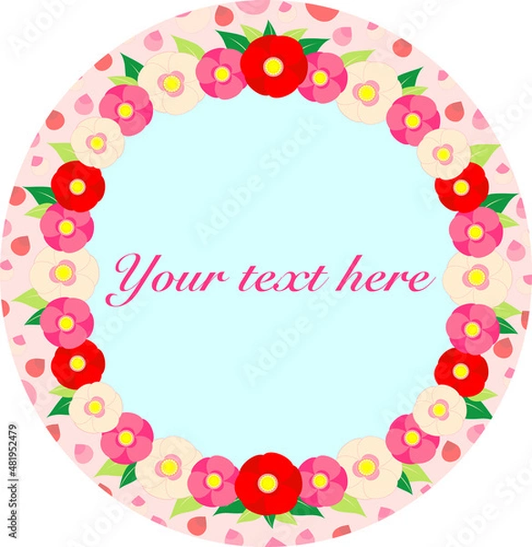 Obraz テキストや画像が入れられるスペースと、華やかな椿の花飾りと花びらが舞う背景のイラスト素材