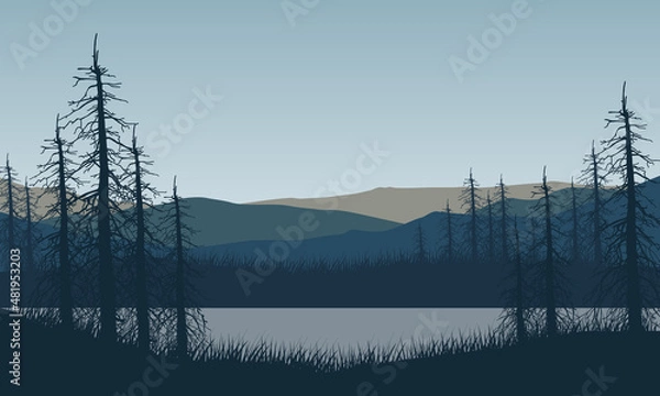 Obraz Beautiful view of the mountains from the edge of the lake with the silhouette of dry trees around it