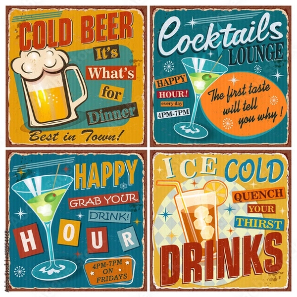 Obraz Set of retro posters with cold  drinks. Vintage Beer,Cocktails,Happy Hour metal sign collection.