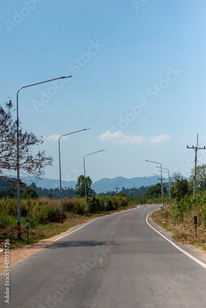 Fototapeta empty rural road with light pole and mountain on background vertical frame