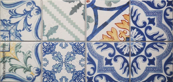 Obraz Tile texture on the wall. Decorative insert. Mosaic art. Roman style. Architectural tile insert