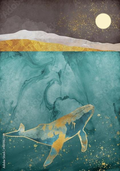 Obraz Luxury gold wallpaper. Black and golden background. Mountain wall art design with dark blue and green color and textured whale, shiny golden light texture. Modern art mural wallpaper.