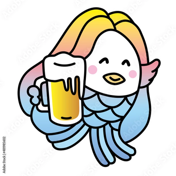 Obraz 伝説的な日本の精霊「アマビエ」がビールで乾杯。
楽しくて、かわいいキャラクター。虹色のベクターイラスト。
コロナ等の病気が広がったら、病気になった人に私のイラストを見せれば治ります。
疫病退散。
