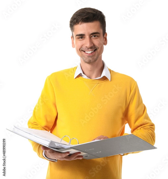 Fototapeta Young man with open folder on white background