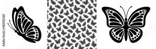 Obraz Modern seamless pattern of monarch butterfly shapes on white background for decoration design. Closeup design element black butterfly. Side view vector icon