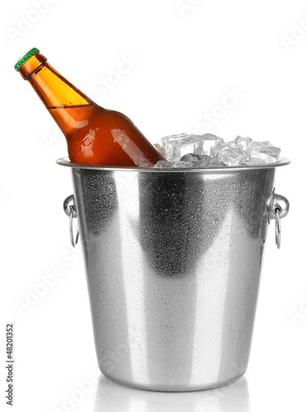 Fototapeta Beer bottle in ice bucket isolated on white