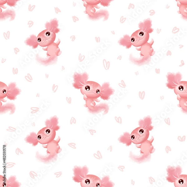 Fototapeta Watercolor pink axolotl character with heart for kid's design of different products like children party invitations, fabric, paper products etc. Seamless pattern