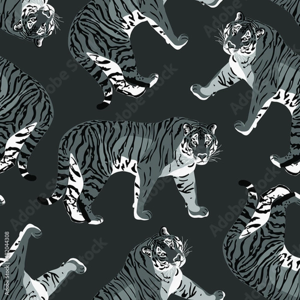 Obraz Tiger black and white in vector on a gray background, seamless pattern 