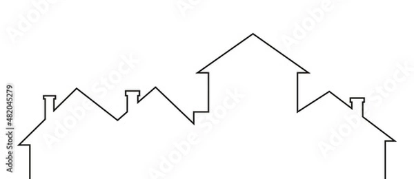 Fototapeta Group of houses, town, roofs and chimneys, black contour drawing, vector conceptual illustration