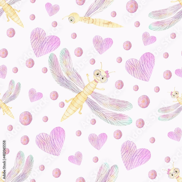 Fototapeta Watercolor pattern on a white background. Cartoon dragonflies with big glasses, hearts and gradient balloons