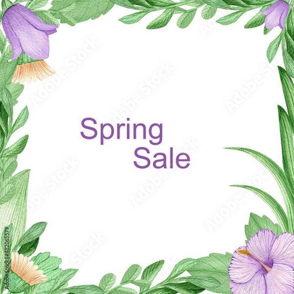 Fototapeta Square frame of flowers and blades of grass for an advertising message. Postcard with place for text. Discounts, sale