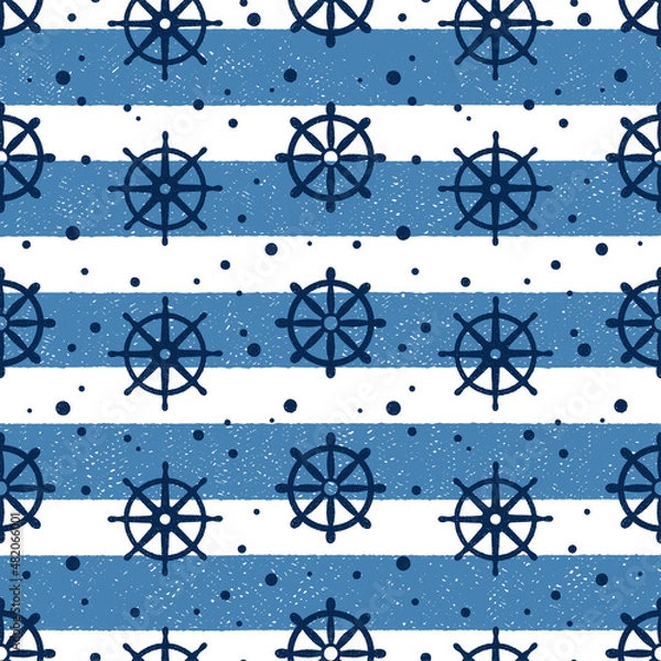 Fototapeta Vector pattern in doodle style with steering wheel and bubbles on striped background. Seamless pattern on marine concept in hand-drawn ink texture