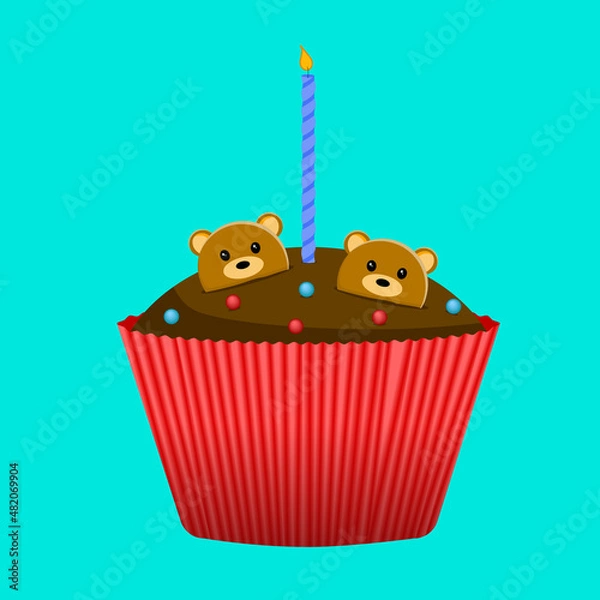 Fototapeta Birthday chocolate cupcake with candle and sugar bears