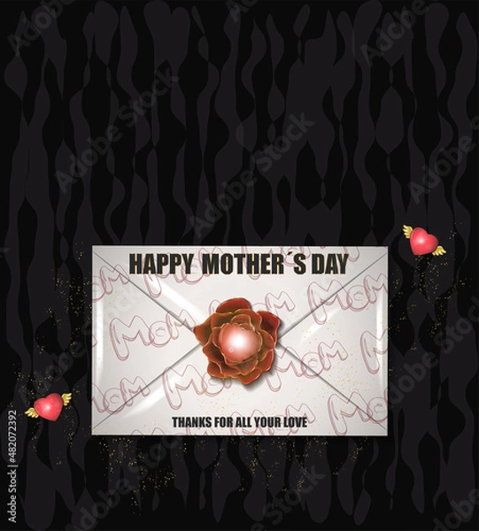 Fototapeta Envelope with letters "mom" for mother's day. central rose with red heart. winged hearts decoration dark background with irregular patterns