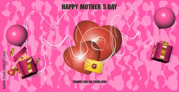 Fototapeta mother's day background, with red hearts in the center with letters "mom" and decorated with gift boxes and balloons. pink background with irregular patterns