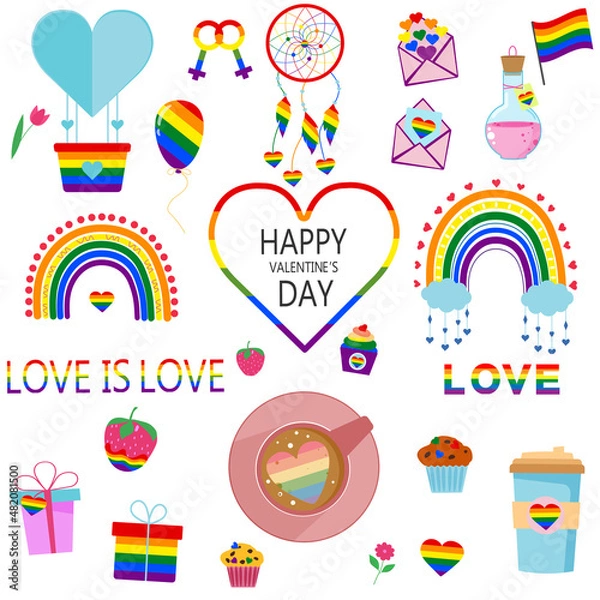 Fototapeta Vector set Valentine's Day of LGBTQ community symbols with pride flags, gender signs, rainbow colored sweet food and coffee, envelope, dreamcatcher, text.