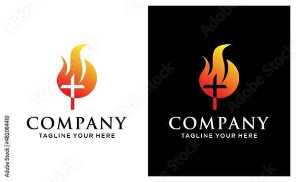 Fototapeta Modern Christianity cross in fire or flame symbol in negative space. on a black and white background.