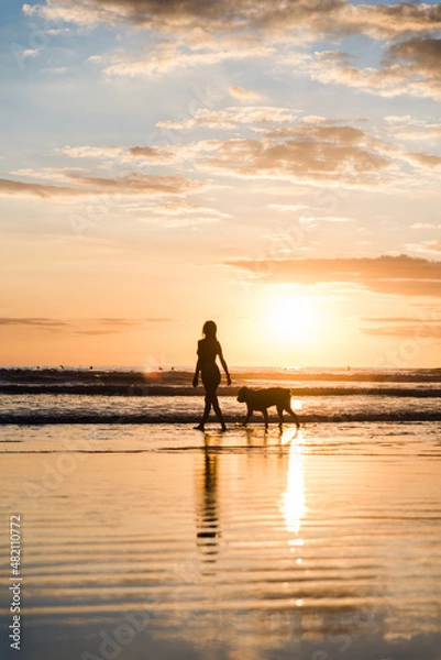 Fototapeta Silhouette of a woman and a dog on a beach in Costa Rica during sunset. 