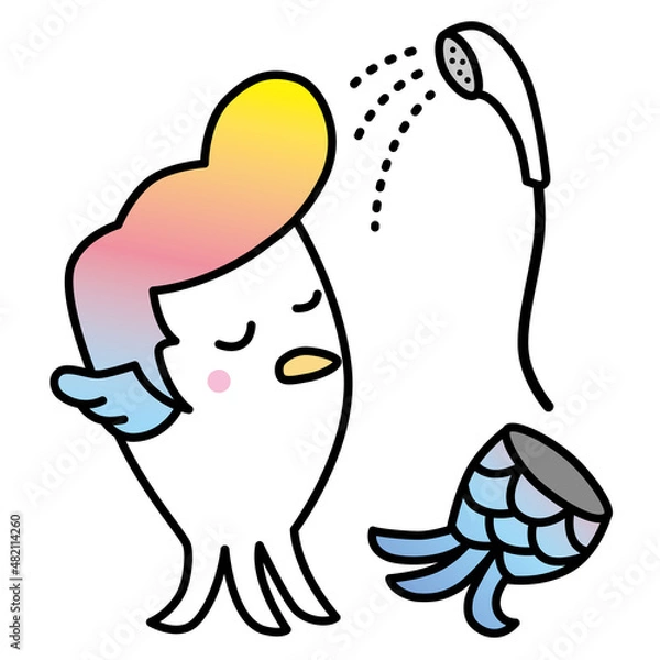 Obraz つっぱりアマビエ君が服を脱いで、気持ちよさそうにシャワーを浴びています。
コロナで流行った日本の妖怪「アマビエ」。
あまりにも、コロナが長引くので、アマビエもグレちゃいましたよ。
ポンパドールのヘアスタイルがお気に入りのアマビエ君は、ちょっとドジだけど、熱いハートの持ち主です。
ベクターイラスト。