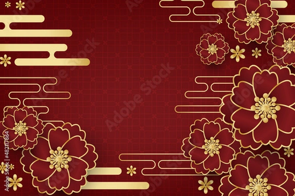 Fototapeta Chinese New Year festival banner design with flowers and clouds on red background for your copy space.