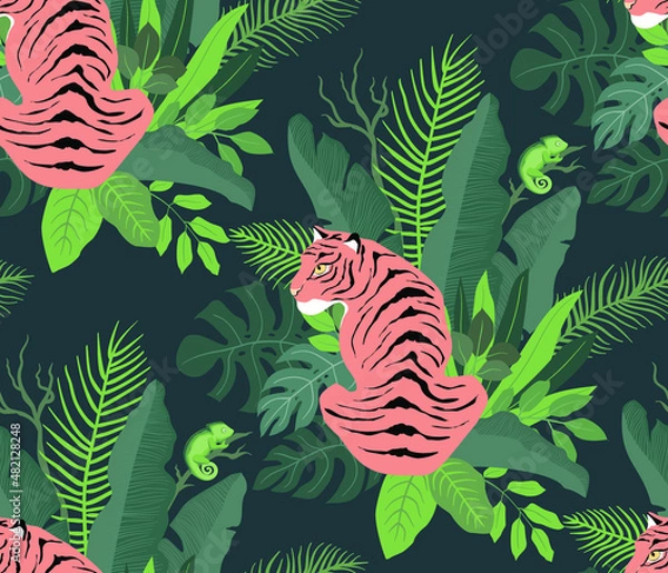 Fototapeta Sitting among the jungle tiger and chameleon. Seamless tropical pattern flat design. For fabric, wrapping paper and wallpaper