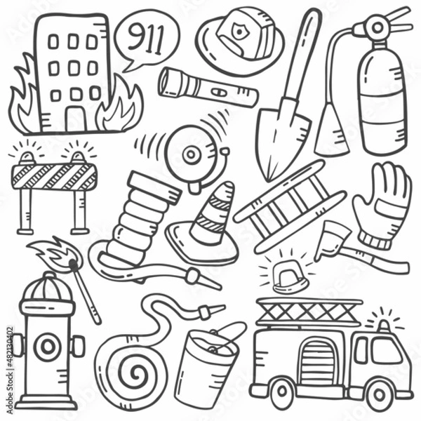 Fototapeta firefighter team concept doodle hand drawn set collections with outline black and white style