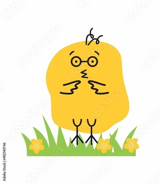 Obraz Easter cartoon chick on green grass. Easter poster vector image. Line art. 