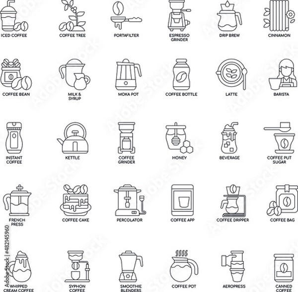 Fototapeta Coffee fill elements outline flat vector icon collection set