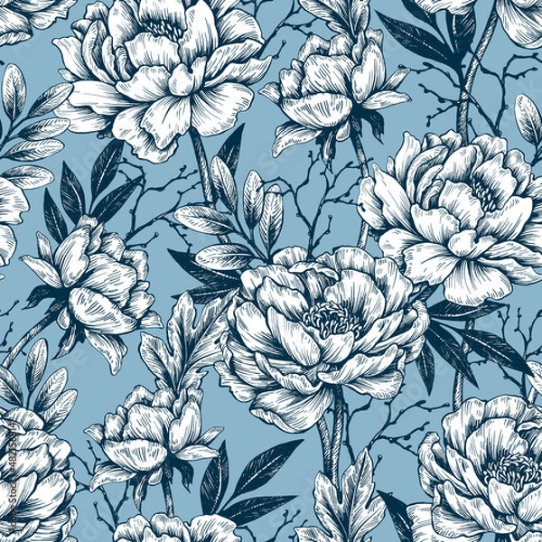 Fototapeta Illustration of graphic flowers and leaves. Seamless pattern for wallpaper and fabric design.