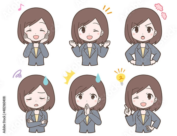 Obraz ビジネススーツ姿の若い女性の表情セット