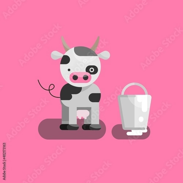 Obraz Cute vector illustration with cow and bucket of milk.