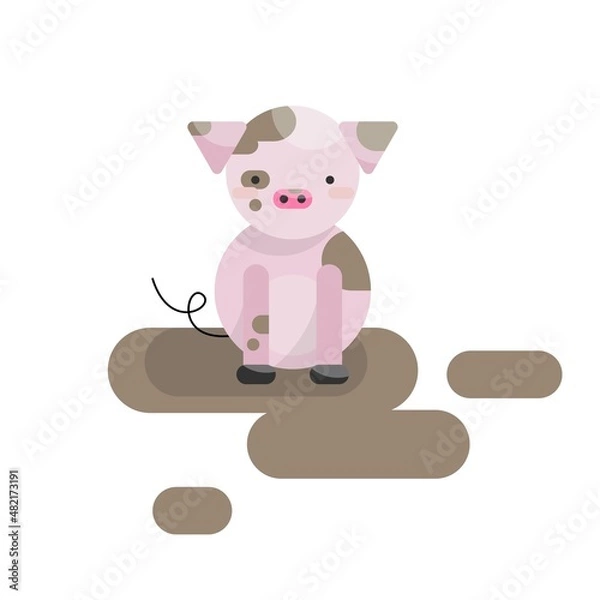 Obraz Cute vector illustration with a pink pig that got dirty in the mud.
