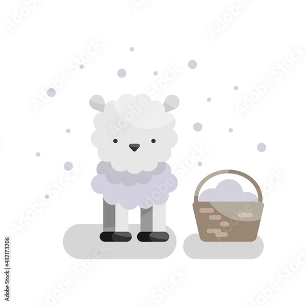 Obraz Cute vector illustration with fluffy sheep and wool basket.