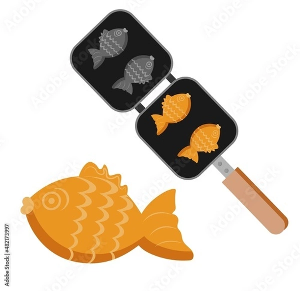Fototapeta Taiyaki silhouette icon, black and colored. Japanese sponge cake in the shape of a fish.Vector drawing on a white background