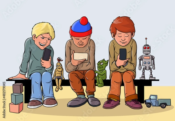 Obraz The children went for a walk. Interested in nothing but the Internet and social networks. Vector illustration