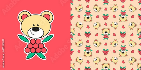 Obraz Set with Cute berry Teddy bear Sticker and simless pattern