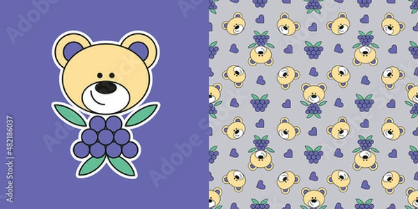 Obraz Set with Cute berry Teddy bear Sticker and simless pattern