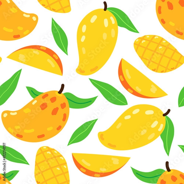 Obraz Seamless vector pattern with cute mango fruit and mango slices
