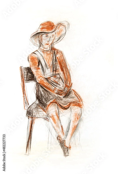 Fototapeta Drawing of a woman in a hat sitting on a chair on a white background. A full-length woman. A hat with a large brim. On a white background. Drawing with crayons on paper.
