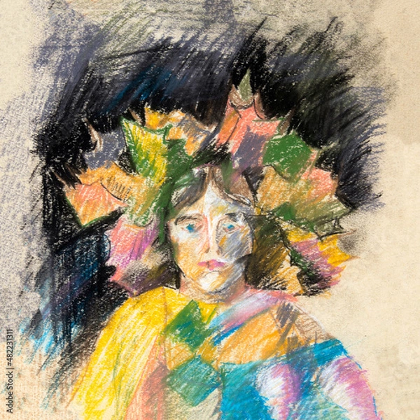 Fototapeta A crayon sketch of a portrait of a woman with autumn leaves on her head and in a colored sweater. Autumn. A face on a dark background. On paper. A sketch.